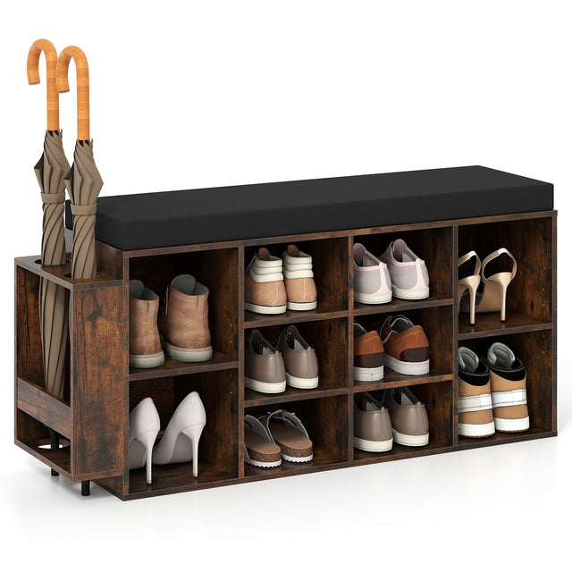 Front. Gymax - Gymax Shoe Storage Bench w/Umbrella StandPadded Seat Adjustable & Removable Shelves - Brown.