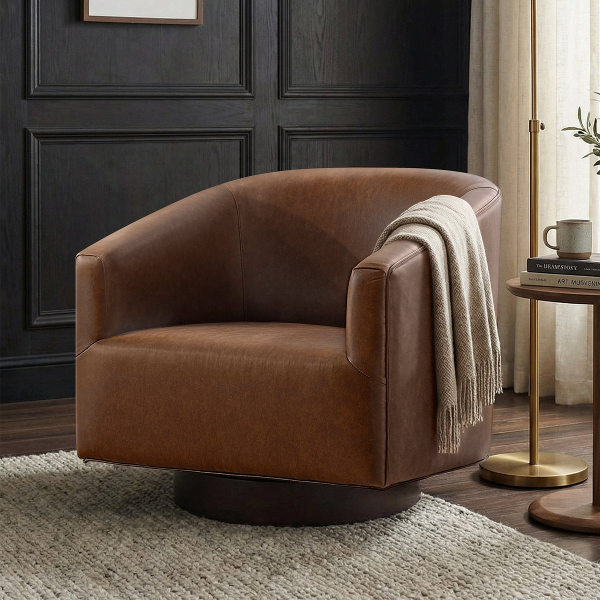Brick Attic - 27.6"Wide Padded Swivel Accent Chair with Solid Wood Base, Faux Leather Upholstery, Wraparound Backrest,Barrel Chair - Brown