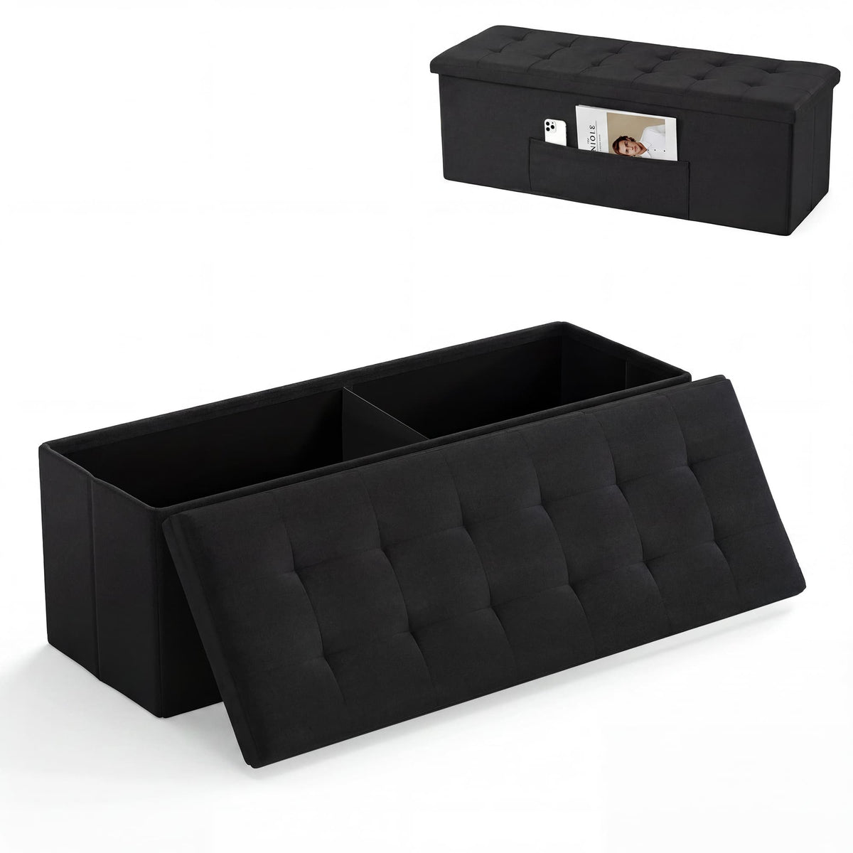 Costway - 43" Folding Storage Ottoman Bench, Linen End of Bed Bench with Padded Seat, Pocket - Black