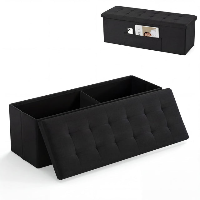 Front. Costway - Costway 43" Folding Storage Ottoman Bench, Linen End of Bed Bench with Padded Seat, Pocket - Black.