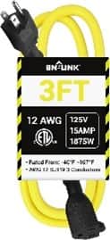 BN-LINK - 3 ft Outdoor Extension Cord 12/3 SJTW, Heavy Duty, 3-Prong Grounded, 15A, 1875W, ETL - Yellow