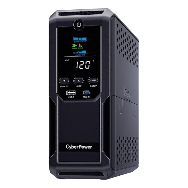 BATTERY CAPACITY  
ONLINE SAVING  
CURRENT LOAD  

INPUT  
120 V  
UP  

DISPLAY  
MUTE  
SETUP  

USB-A  
USB-C  

CyberPower