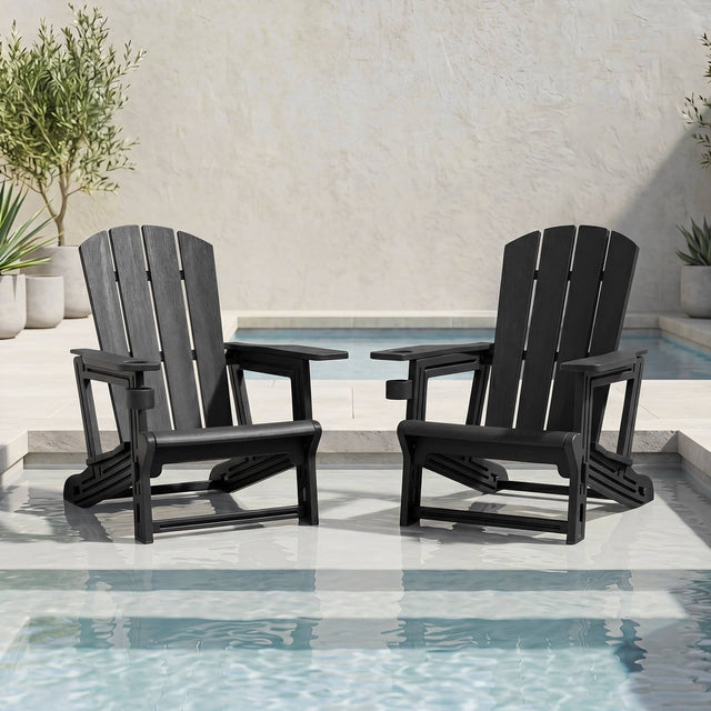 Front. Costway - Costway 2 PCS HDPE Adirondack Chairs with Realistic Wood Grain, Extended Backrest - Black.