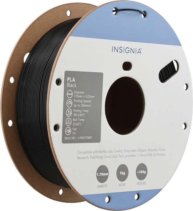 INSIGNIA PLA Black  
Diameter: 1.75mm ± 0.02mm  
Printing Speed: Up to 350mm/s  
Printing Temp: 190-230°C  
i Bed Temp: 25-60°C  
Fan: On  
Batch NO: A7812270885  

Compatible with Bambu Lab, Creality, Snapmaker, Elegoo, Anycubic, Prusa, Research, Flashforge, Sovol, Qidi Tech, and other 1.75mm FDM 3D Printers  

1.75mm  
1kg  
~155g  

DIAMETER  
NET WT.  
SPOOL WT.