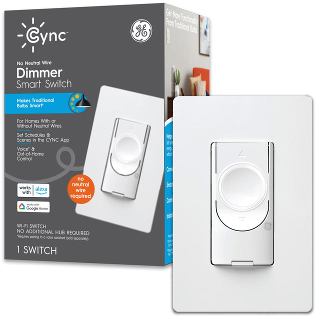 Cync No Neutral Wire Dimmer Smart Switch

Makes Traditional Bulbs Smart!  
For Homes With or Without Neutral Wires

Set Schedules & Scenes in the Cync App  
Voice* & Out-of-Home Control

Works with Alexa  
Works with Google Home

WI-FI SWITCH  
NO ADDITIONAL HUB REQUIRED  
*Requires pairing to a voice assistant (sold separately).

1 SWITCH

Get More Functionality From Traditional Bulbs  
No Neutral Wire Required

Helps Convert  
Smooth Control  
Install