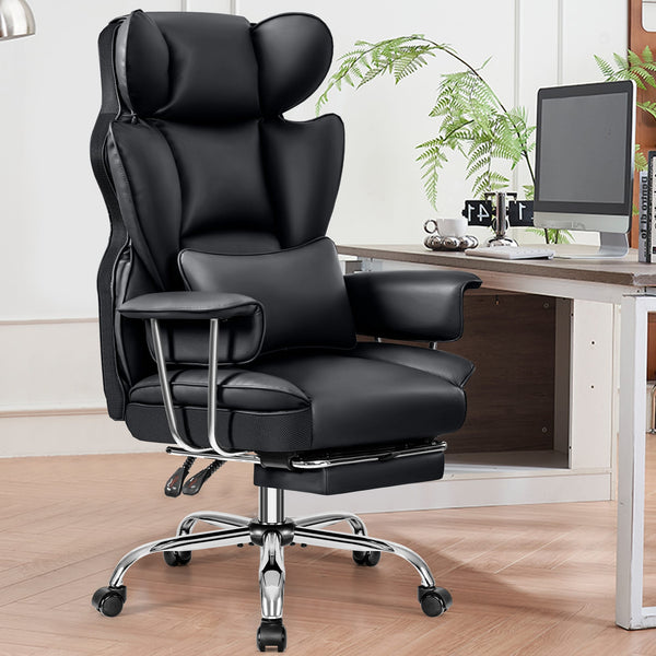 KERDOM - Ergonomic Big and Tall Office Chair with Footrest, Soft High Back Executive Beautiful PU Leather Computer Chair - Black