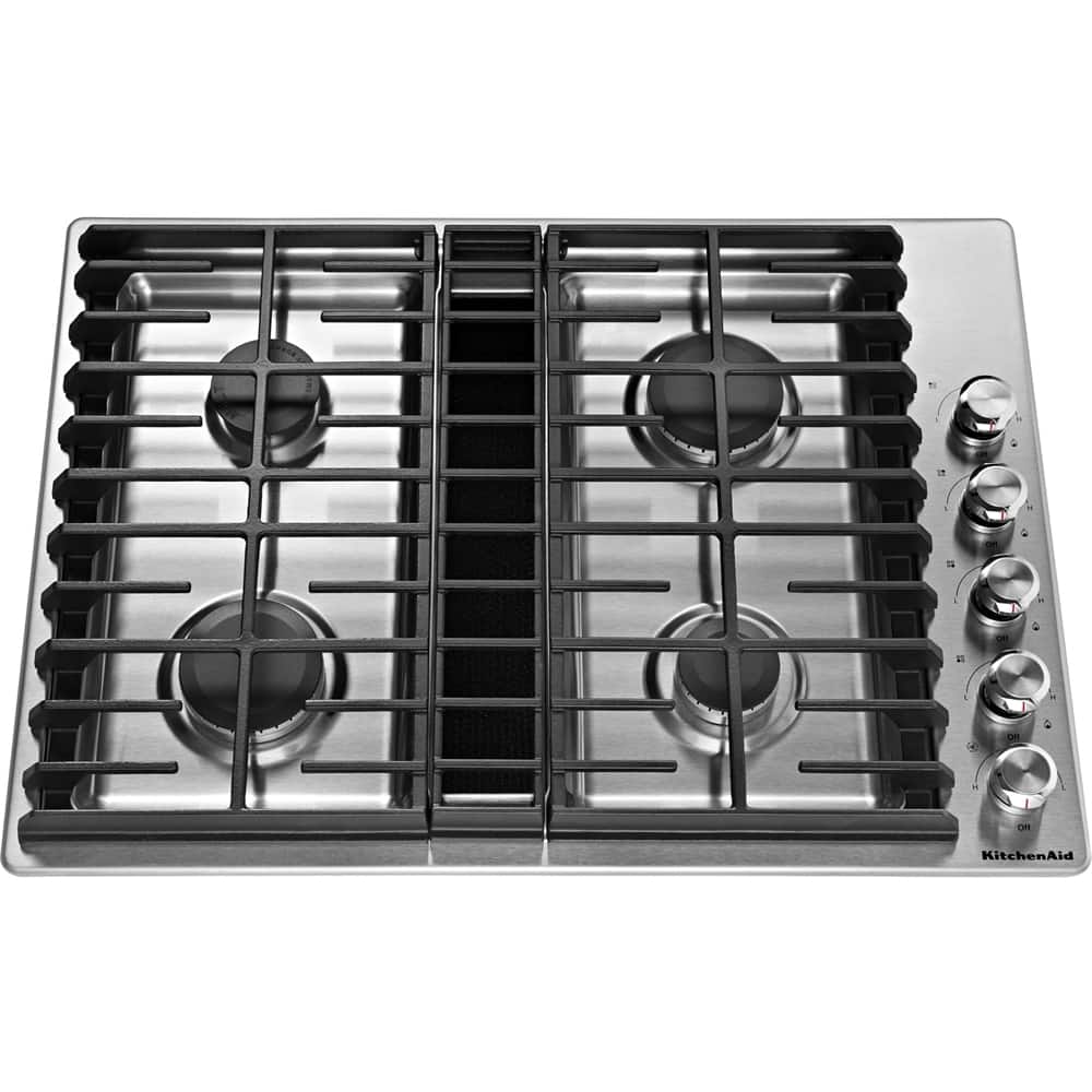 KitchenAid - 30 in. Wide 4 burners Built-In Downdraft Gas Cooktop with Automatic electronic re-ignition - Stainless Steel