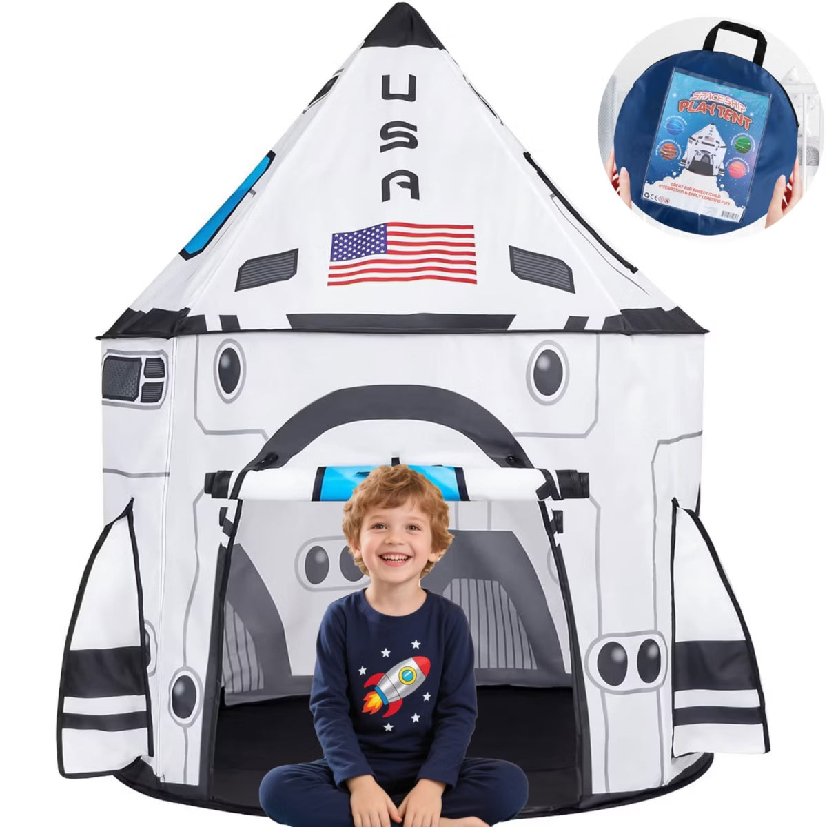Joyfy - Play Tent White Rocket Ship Pop Up Tent Kid Indoor Outdoor Spaceship Playhouse Tent Birthday Christmas Gift For Aged 3-8