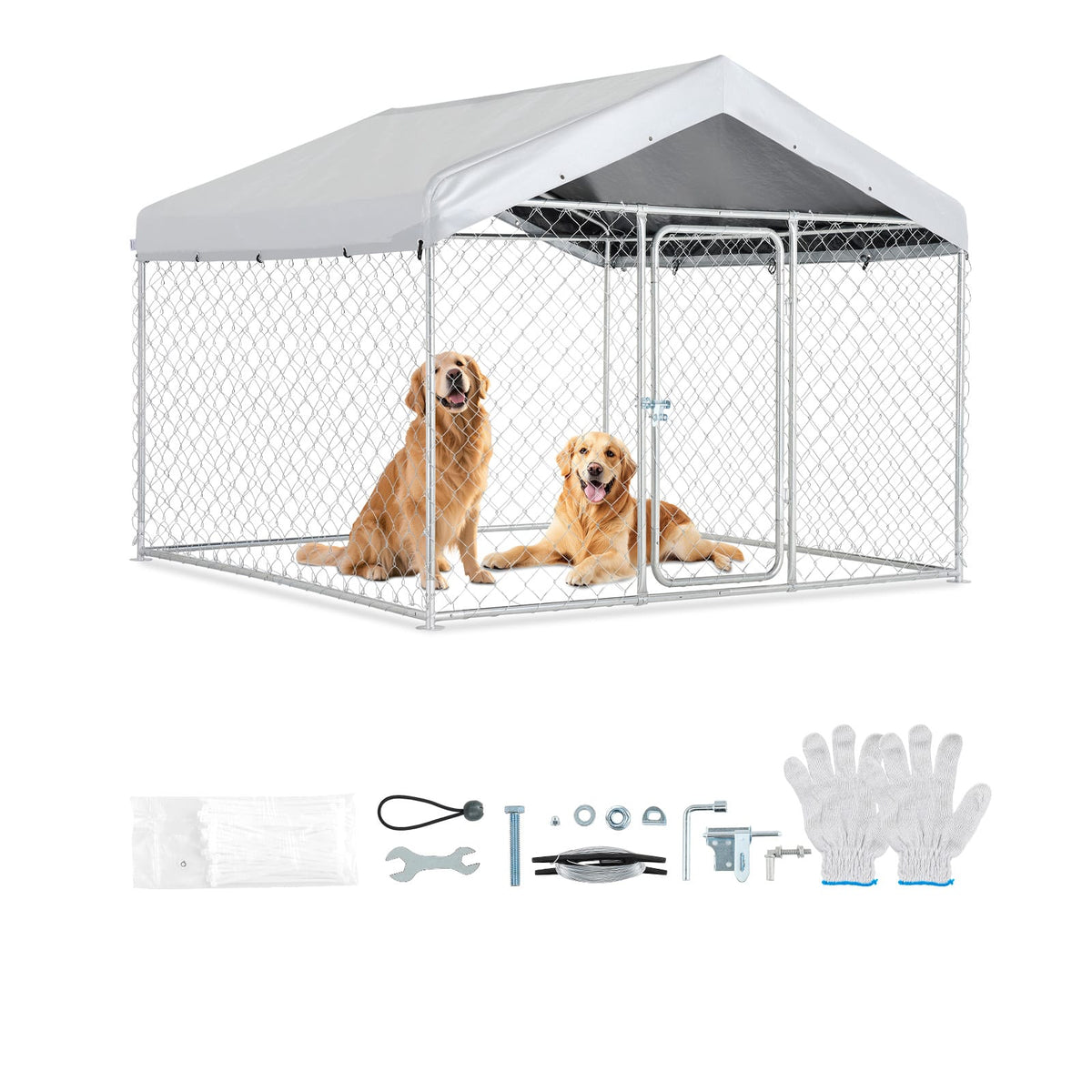 VEVOR - Outdoor Dog Kennel, 6.56 x 6.56 x 5.25 ft Large Dog Kennel with Secure Lock, Outside Dogs Enclosures with UV-Resistant - Galvanized Finish + Silver Gray