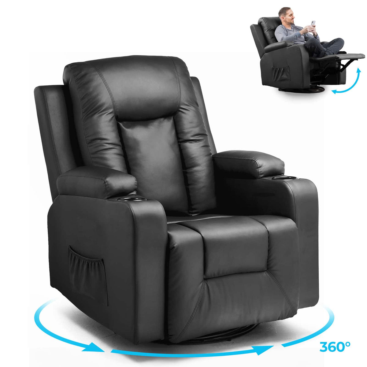 CloudRest Pro - Recliner Chair with Cup Holders PU Rocking Chair with Side Pockets Single Sofa Seat - Black