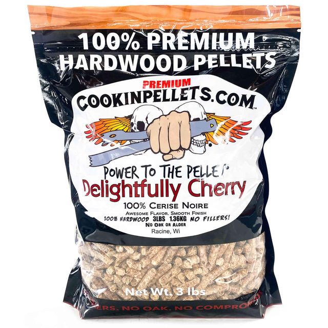 100% PREMIUM HARDWOOD PELLETS  
PREMIUM COOKINPELLETS.COM  
POWER TO THE PELLET  
Delightfully Cherry  
100% CERISE NOIRE  
AWESOME FLAVOR. SMOOTH FINISH  
100% HARDWOOD 3LBS 1.36KG  
NO FILLERS!  
No Oak OR ALDER  
Racine, WI  
Net Wt. 3 lbs  
NO OAK. NO COMPROMISE