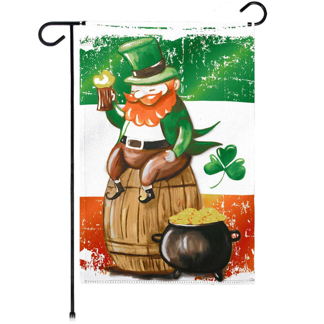 Front. G128 - Happy St. Patrick's Day Leprechaun Garden Flag 12 x 18 in Double-Sided. - Green, Orange, White.