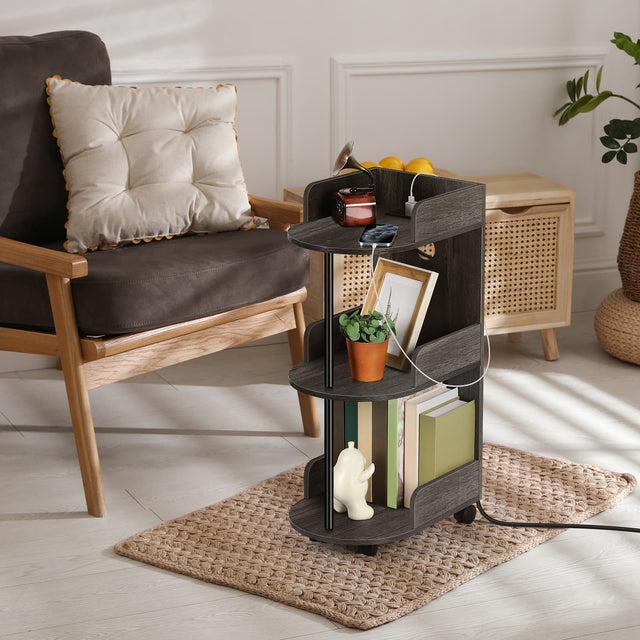 Front. Oumilen - 3-Tier Mobile Side Table with Charging Station – Wooden End Table with Wheels, AC/USB/Type-C for Bedroom, Living Room - Black.