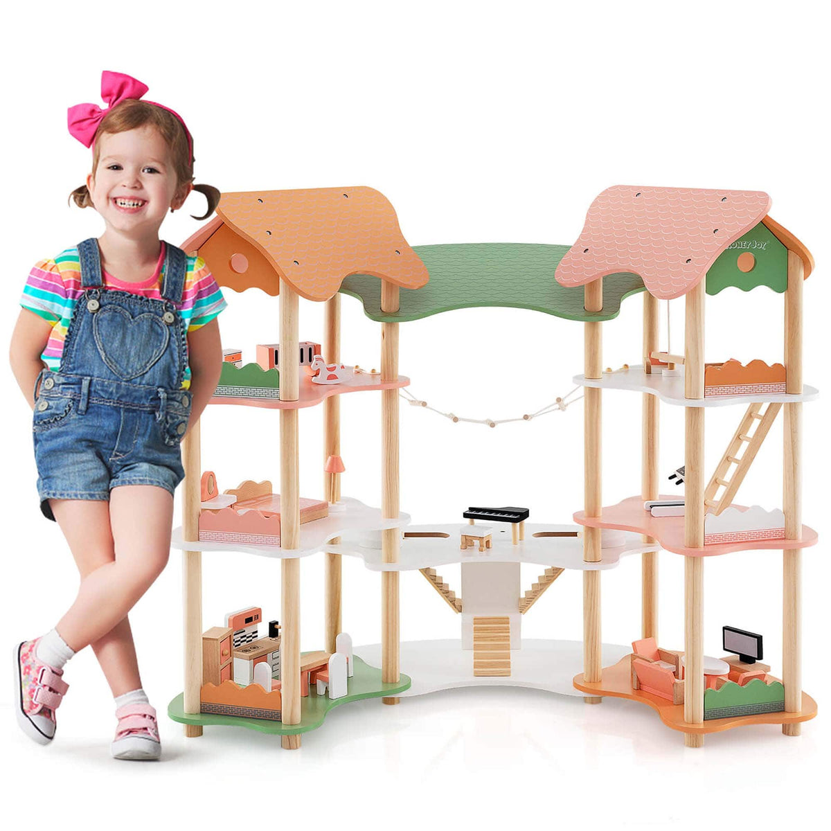Costway - 6Kids Wooden Dollhouse Aged 3-8 Years Old with 32PCS Realistic Furniture Accessories - Pink+Green+Natural