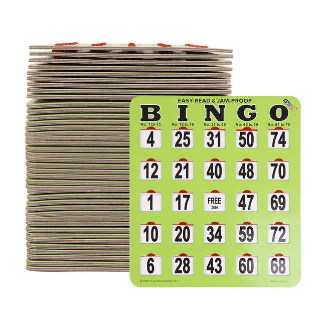 EASY-READ & JAM-PROOF BINGO

B I N G O

No. 1 to 15 | No. 16 to 30 | No. 31 to 45 | No. 46 to 60 | No. 61 to 75

4 | 25 | 31 | 50 | 74  
12 | 21 | 40 | 48 | 70  
1 | 17 | FREE | 47 | 69  
10 | 20 | 34 | 59 | 72  
6 | 28 | 43 | 60 | 68  

Three Wins Imports, LLC  
Made in China