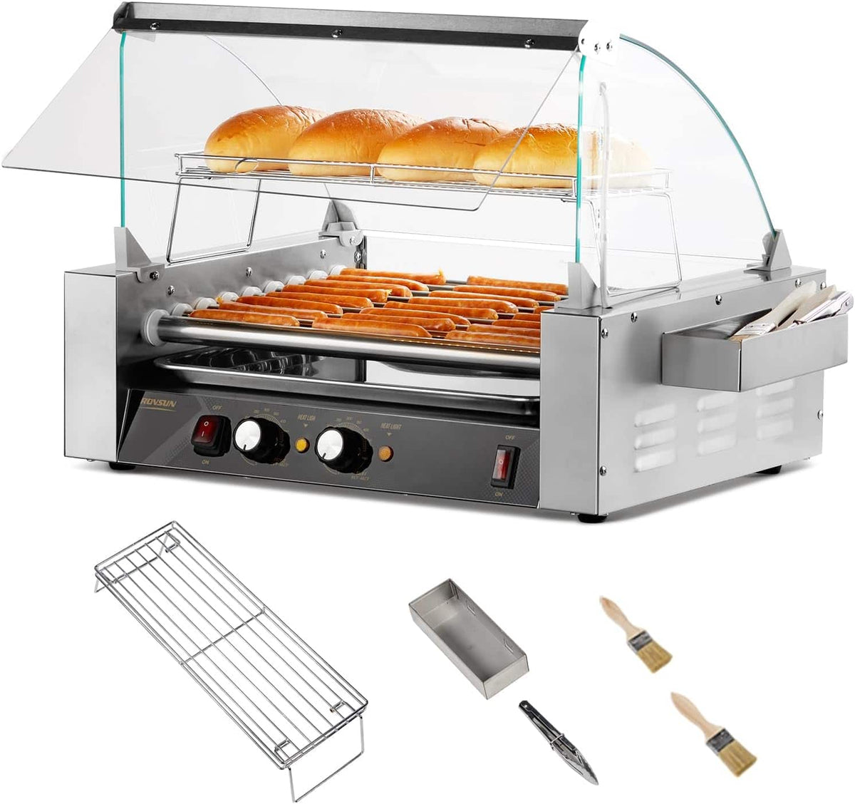 Winado - Commercial Electric 24 Hot Dog 9 Roller Grill Cooker Machine with Dual Temp Control, Glass Cover, Drip Tray，LED Lighting - 也