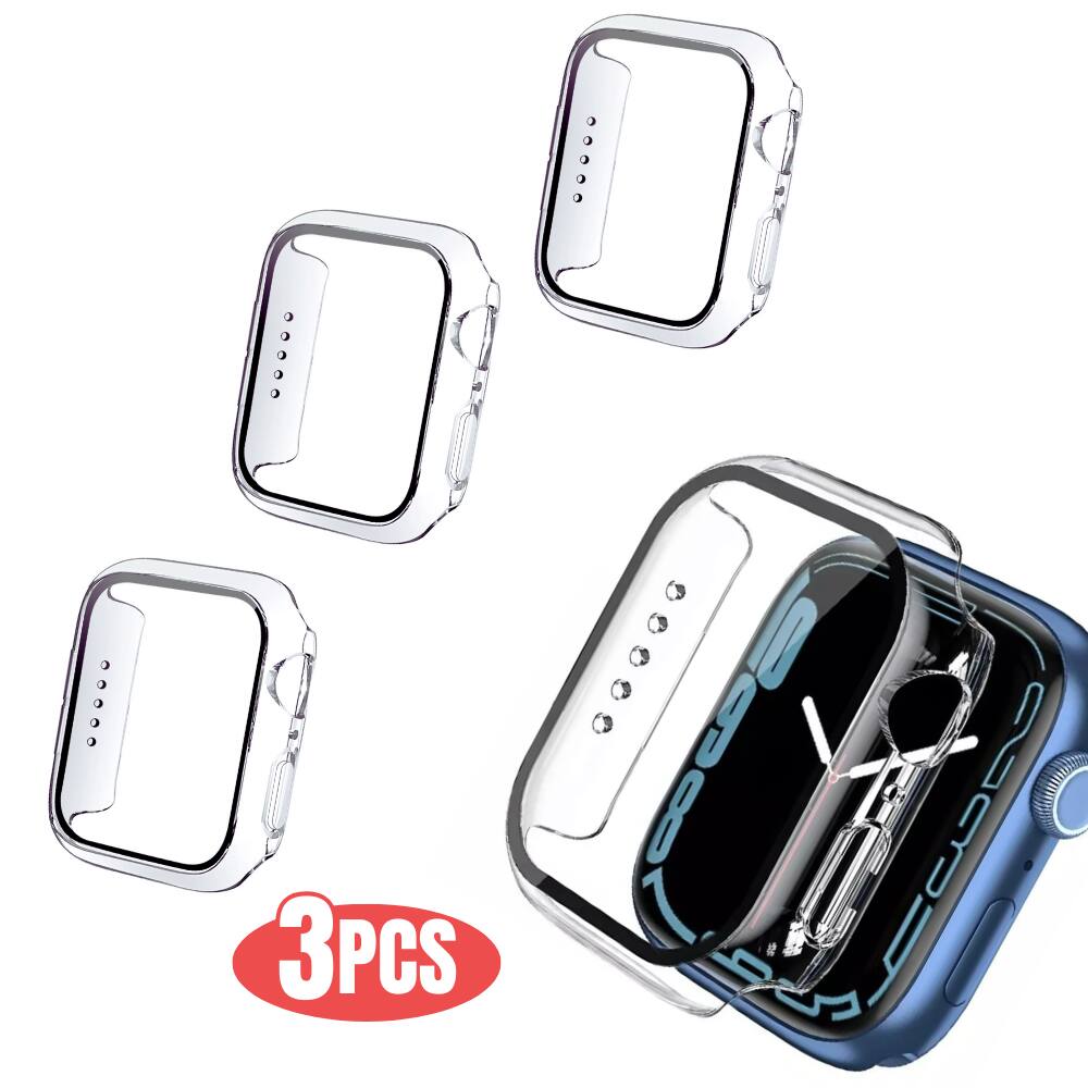 Qixxronics - 3x Case Full Cover for Apple Watch Series 7 Case [45mm] with Built-in Tempered Glass Screen Protector - Clear