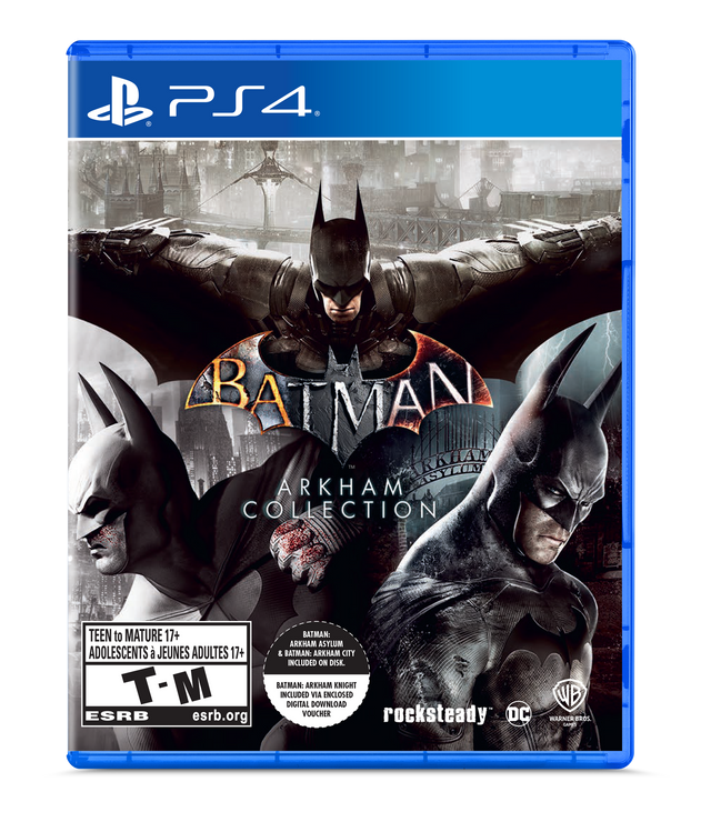 BATMAN - ARKHAM COLLECTION PS4 TEEN to MATURE 17+ ADOLESCENTS  JEUNES ADULTES 17+ T-M ESRB esrb.org BATMAN: ARKHAM ASYLUM & BATMAN: ARKHAM CITY INCLUDED ON DISK. BATMAN: ARKHAM KNIGHT INCLUDED VIA ENCLOSED DIGITAL DOWNLOAD VOUCHER rocksteady DC WB WARNER BROS