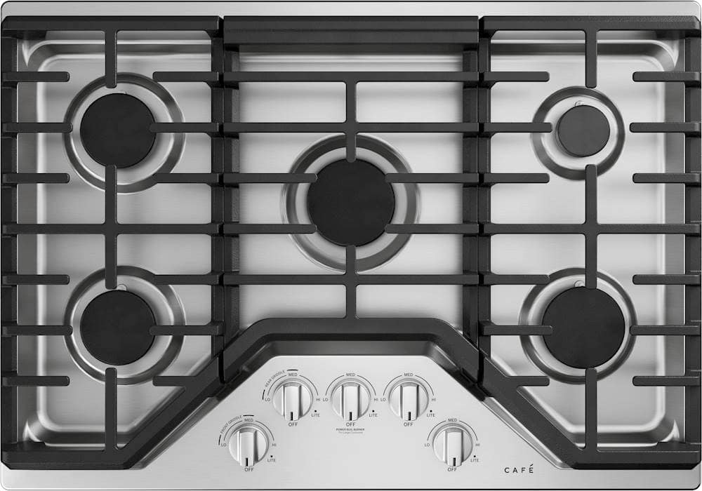 Café - 30 in. Wide 5 Burner Built-In Gas Cooktop, Customizable with White LED Backlit, Heavy-Duty Knobs - Stainless Steel
