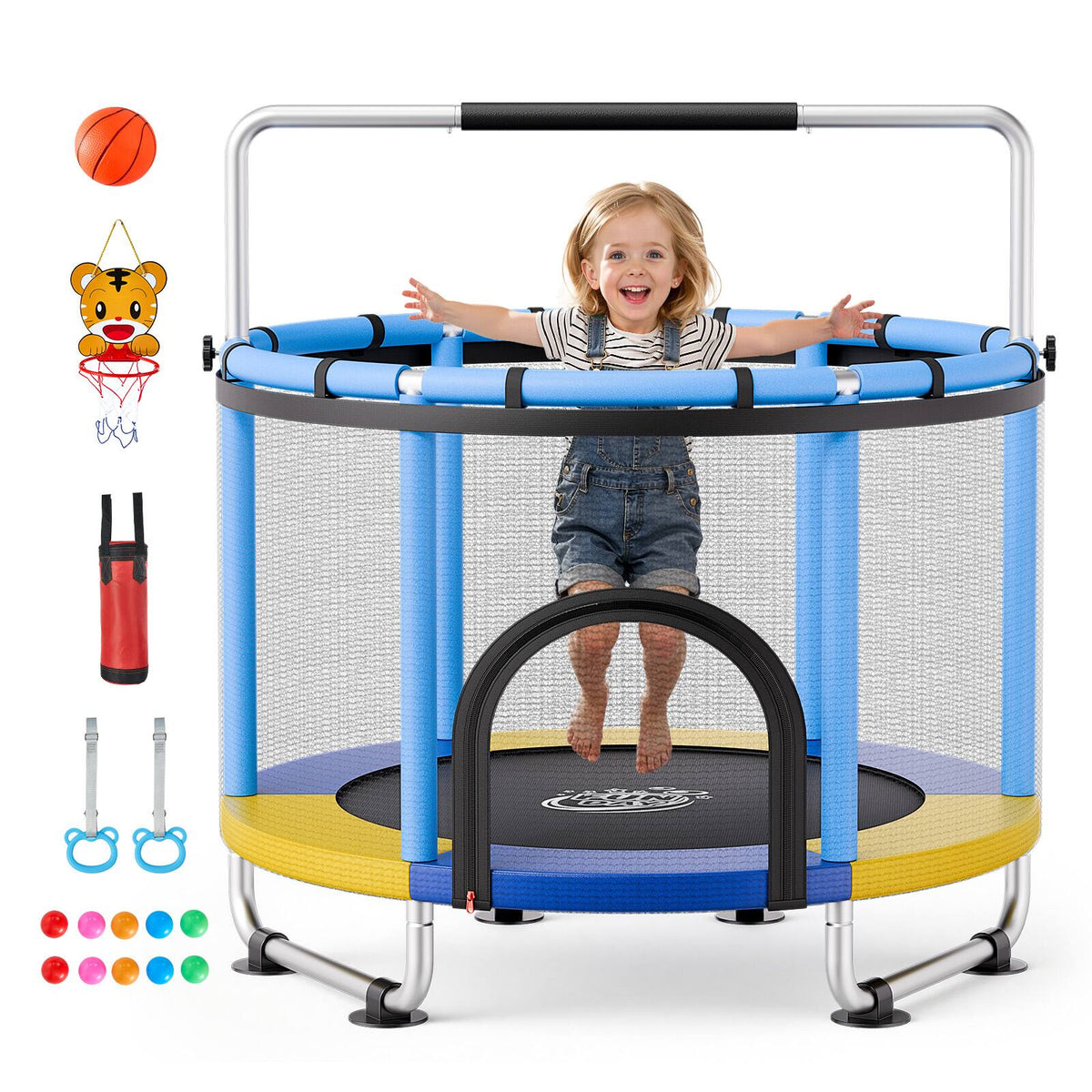 VEVOR - 60" Trampoline for Kids, 5 FT Toddler Mini Trampoline, 132 lbs Indoor Outdoor Play Toys with Enclosure Net - Blue