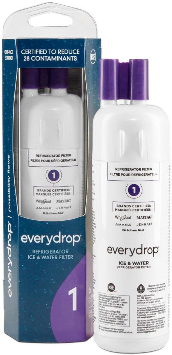 The box contains two everydrop ice and water filters, which are certified to reduce 28 contaminants. These filters are designed to fit in refrigerators and are suitable for use with Whirlpool, Maytag, Amana, and JennAir brands. The filters are made by NewAqua, and they are NSF/ANS certified for 200 gallons of water. The purchase of these filters can help reduce CSA contaminants, and they are available in a 1-pack.