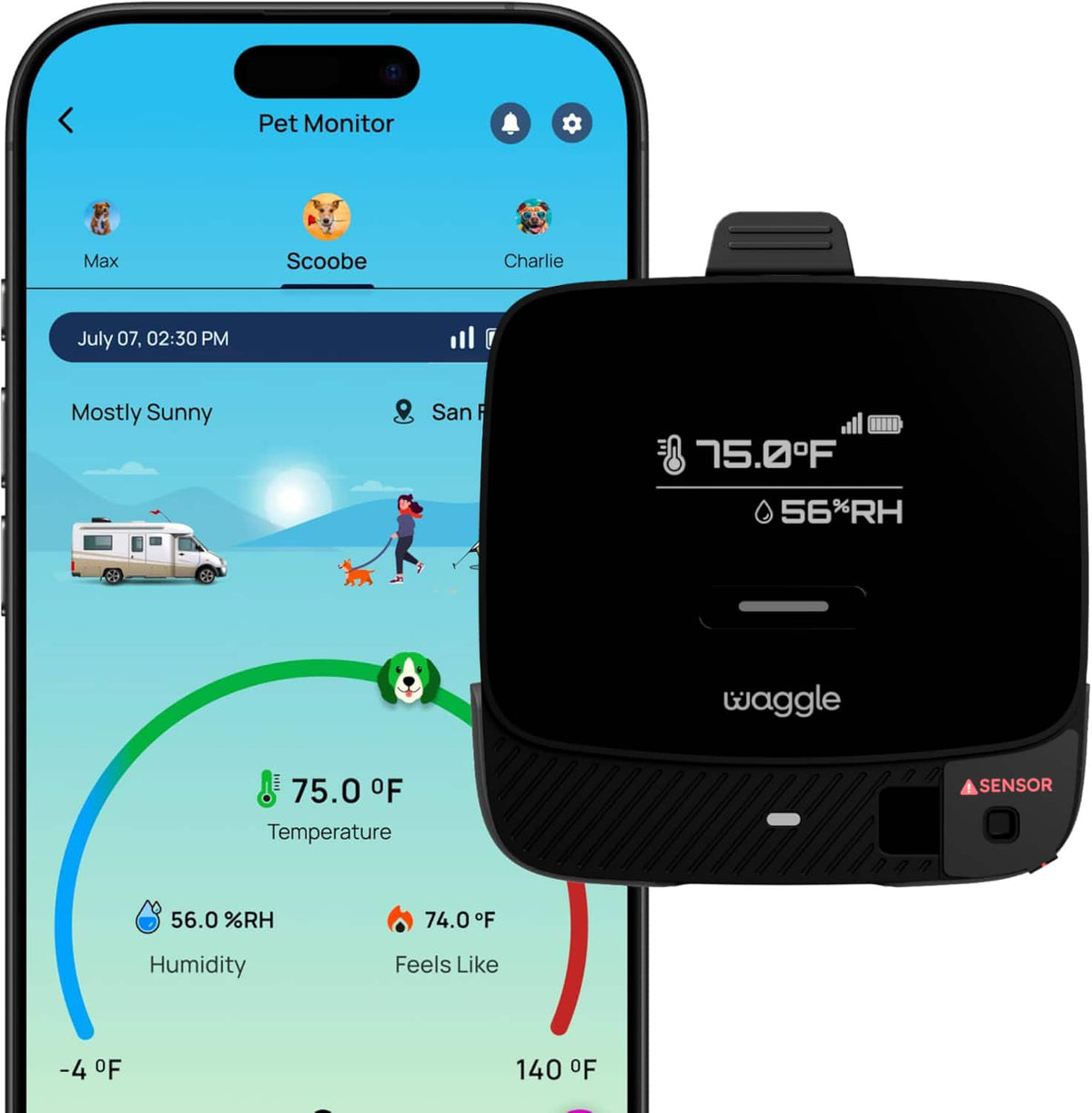 Waggle - 4G Pet Temperature Monitor Lite - No WiFi, Real-Time Alerts, Power Outage Detection, RV & Car Safety Device - Black
