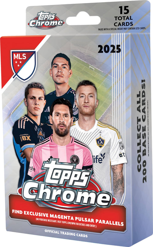 Topps Chrome 15 Total Cards  
A Special Insert May Contain Less Cards.  
Packs with 2025 MLS TV MLS All Cards!  
Carin Aho  
Seinl  
Topps.com/NPN  
Independence  
AI  
IBX  
Base  
Necessary  
LA  
Acht  
Boup  
Dooa  
Bina  
Pam  
Se  
If  
e  
Calany  
t  
Collect  
200  
Purchase  
LMO  
Topps Chrome  
Find Exclusive Magenta Pulsar Parallels  
(No Purchase Necessary. Visit Topps.com/NPN for Details and Entry.)  
Official Trading Cards