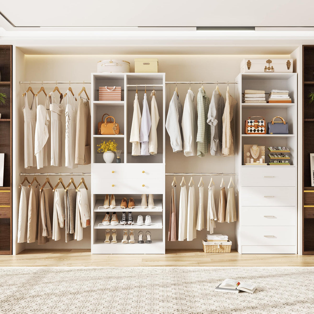 Aheaplus - 49''-127'' Adjustable Closet Organizer System with 6 Drawers, 4 Hanging Rods, and Shelves - White