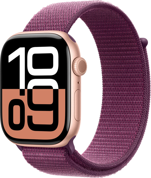 Angle. Apple - Geek Squad Certified Refurbished Apple Watch Series 10 (GPS) 46mm Aluminum Case with Plum Sport Loop - Rose Gold.