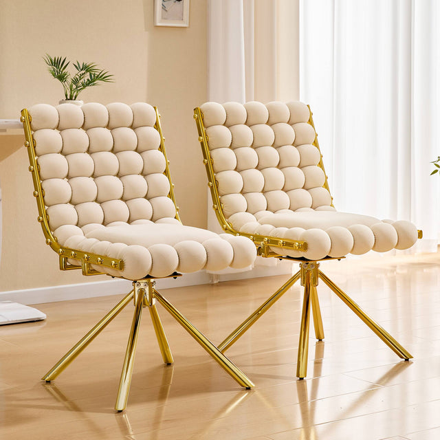 Front. Loheer - Loheer Swivel Accent Chair Cream Velvet Bubble Tufted Armless Dining Chair with Gold Metal Frame, 1.63 ft - Beige,Gold.