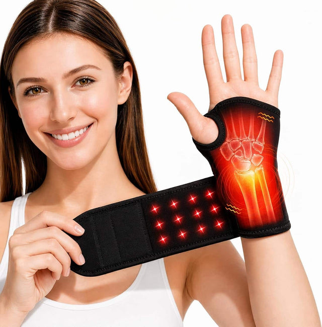 Front. Morfone - Morfone 36LED 660nm+850nm Red Light Therapy Wrist Wrap Cordless Heated Wrist Massager - black.