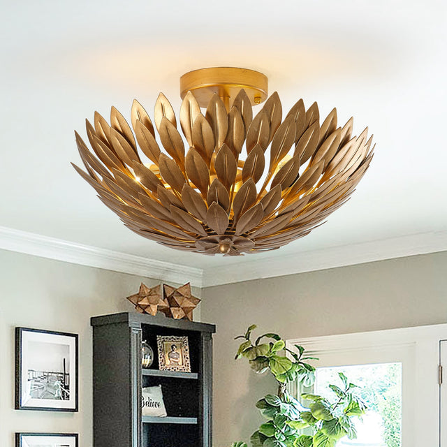 Front. Parrot Uncle - 16 Inch 3-Light Farmhouse Golden Semi-Flush Mount Ceiling Lighting - Gold.