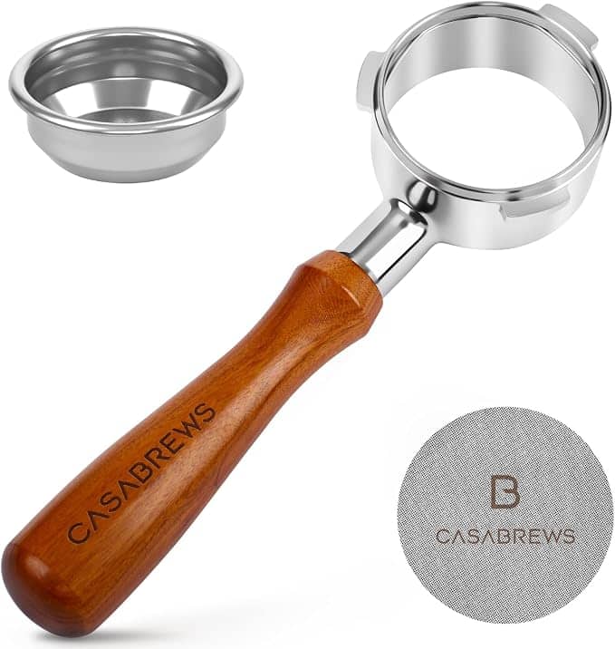 Casabrews - 58mm Bottomless Portafilter with Wooden Handle, Stainless Steel Espresso Filter Holder with Double Shot Basket - Brown