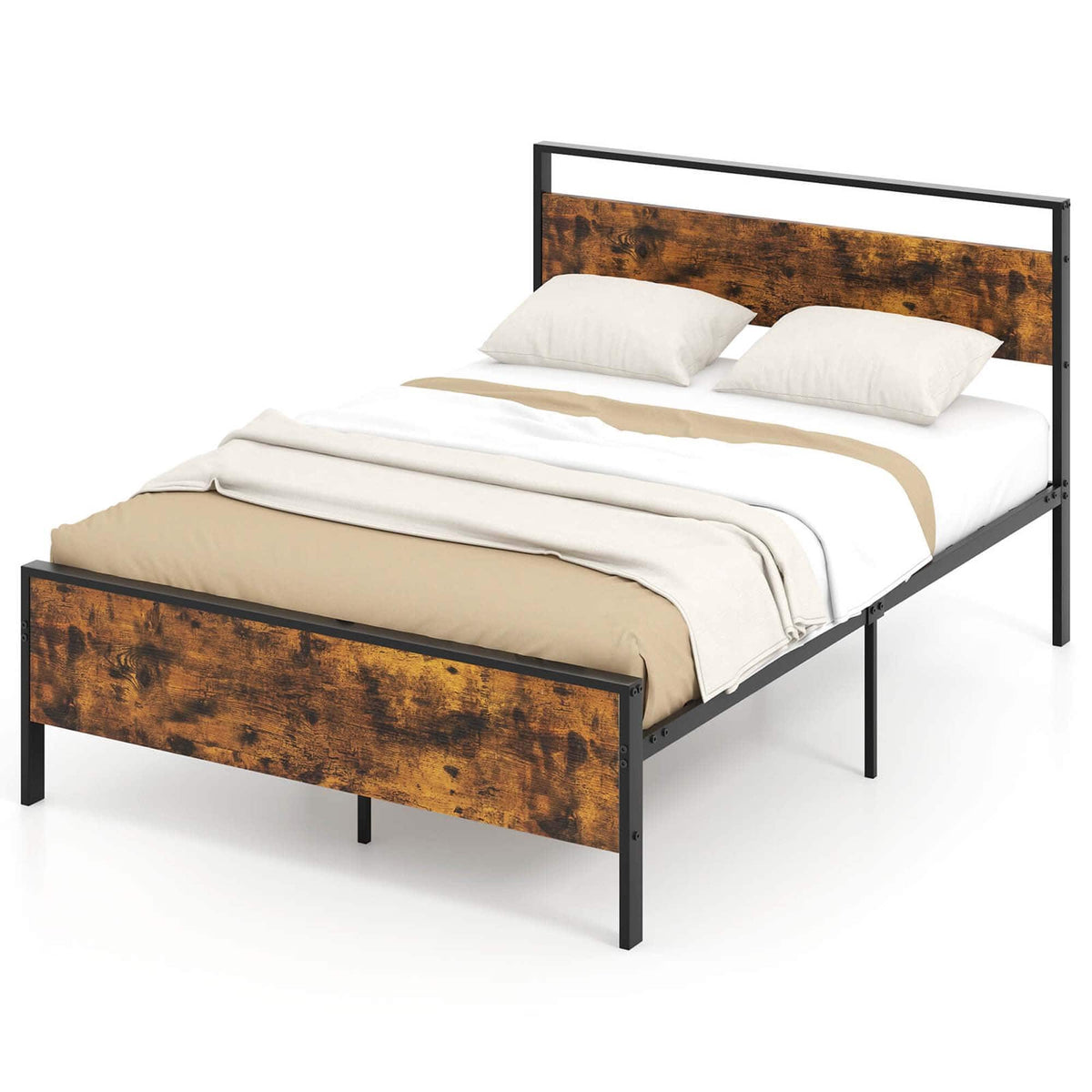 Costway - Full Size Bed Frame with Wooden Headboard and Footboard Under-Bed Storage - Brown