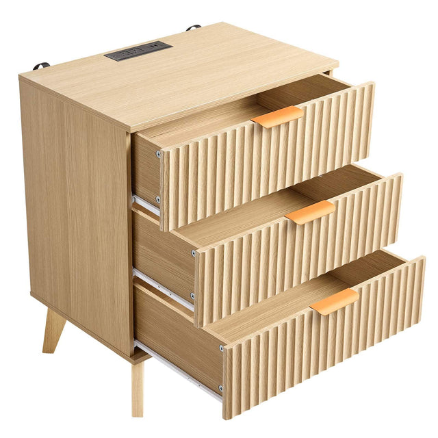 Front. VEVOR - Fluted Nightstand with Charging Station, with 3 Drawers, Dresser for Bedroom, Mid Century Modern End Table - Khaki.