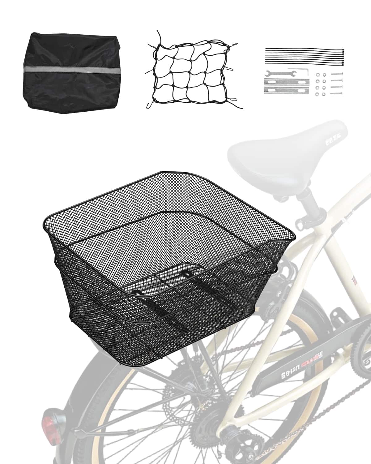 VEVOR - Rear Bike Basket, Wire Mesh Bicycle Basket with Cargo Net & Waterproof Cover, Durable Metal Bike Back Basket - Black
