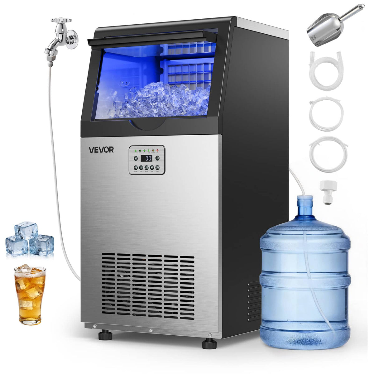 VEVOR - Commercial Ice Maker Machine, 120 lbs/24h with 30 lbs Storage Capacity, Built-in/Freestanding/Under Counter - Stainless steel color