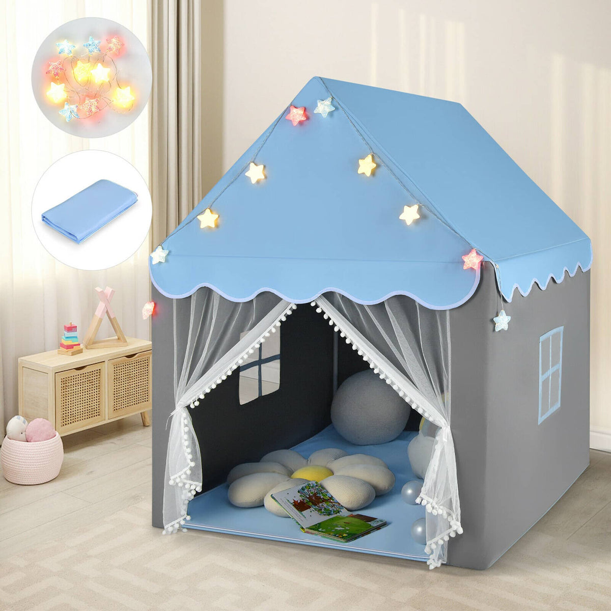 Gymax - Kids Playhouse Tent Large Castle Fairy Tent Gift w/Star Lights Mat Blue - Blue + Gray