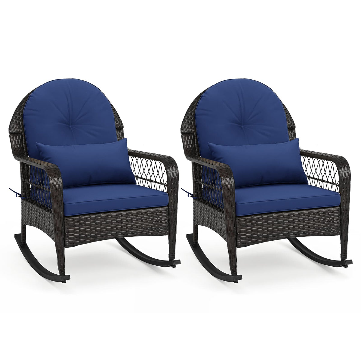 Costway - 2PCS Outdoor Wicker Rocking Chair, 400 LBS Rattan Rocker Chair with Thick Cushions - Mix Brown + Navy Blue