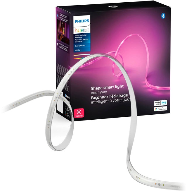 The text on the image reads:

"PHILIPS hue - Shape smart light your way - Faonnez l'clairage intelligent votre foir - CERTIFIED works with Alexa and Google Home - White and color ambiance - Solo lightstrip - 16.4 feet - 100% recyclable - PHILIPS."