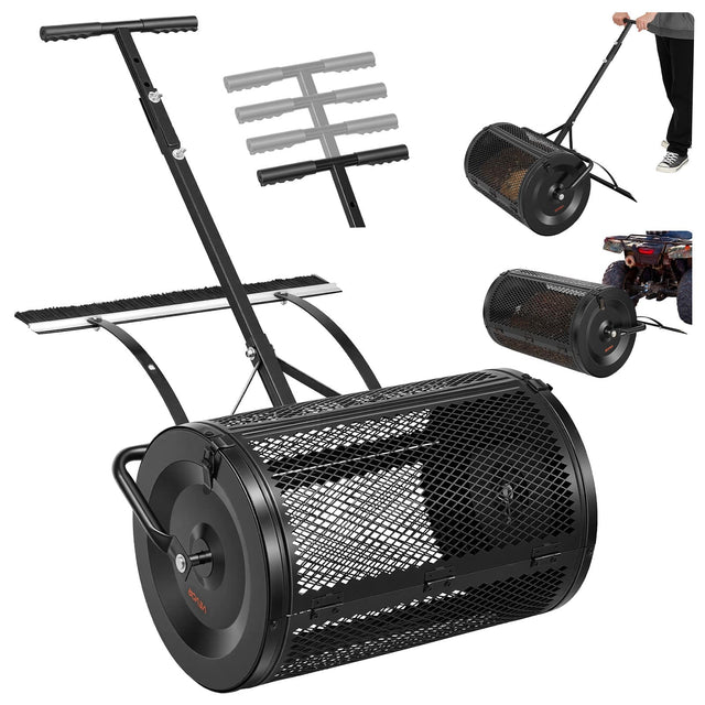 Front. VEVOR - Compost Spreader, 24" Wide Peat Moss Spreader with Push/Tow Handle & Brush, 4 Heights Adjustable - Black.