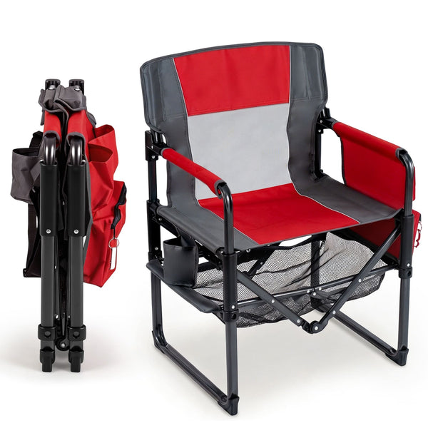 Gymax - Outdoor Camping Chair for Adults Heavy Duty Lawn Chair w/Cup Holder&Side Pocket Gray - Red