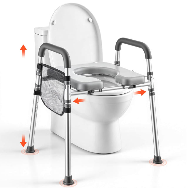 Front. VEVOR - Raised Toilet Seat with Handles 350 lb Handicap Elevated Toilet Riser, for Seniors, Elderly & Disabled, Adjustable - Silver.