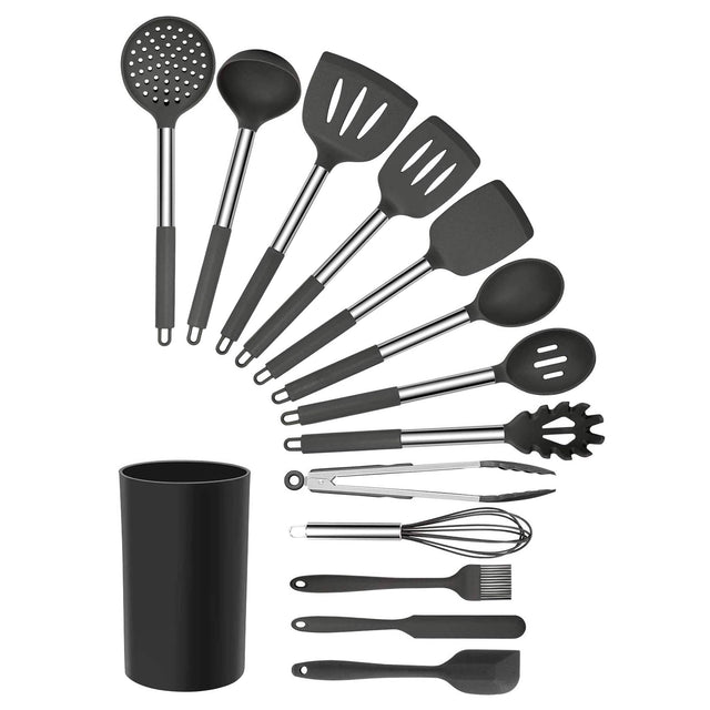 Front. MegaChef - MegaChef Gray Silicone and Stainless Steel Cooking Utensils, Set of 14 - Gray.