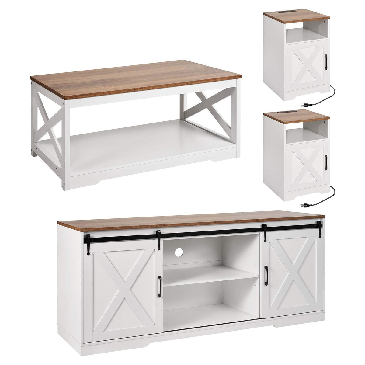 VEVOR - 4 Pieces Farmhouse Coffee Table Sets, 40 in Coffee Table with 2 End Tables and 66 in TV Stand, Easy Assembly Living Room - White;Brown