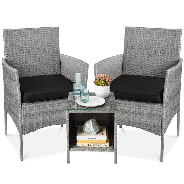 Best Choice Products - 3-Piece Outdoor Wicker Conversation Patio Bistro Set, w/ 2 Chairs, Table - Gray/Black