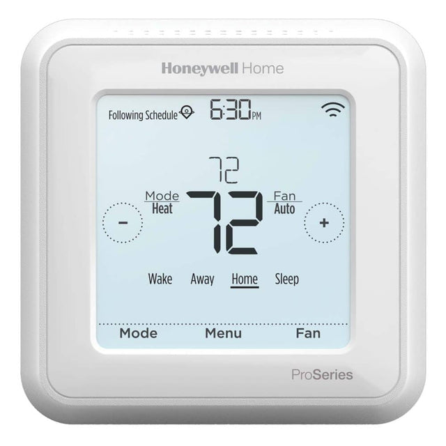 Honeywell Home  
Following Schedule  
6:30 PM  
72  
Mode: Heat  
Fan: Auto  
Wake Away Home Sleep  
Mode Menu Fan  
ProSeries