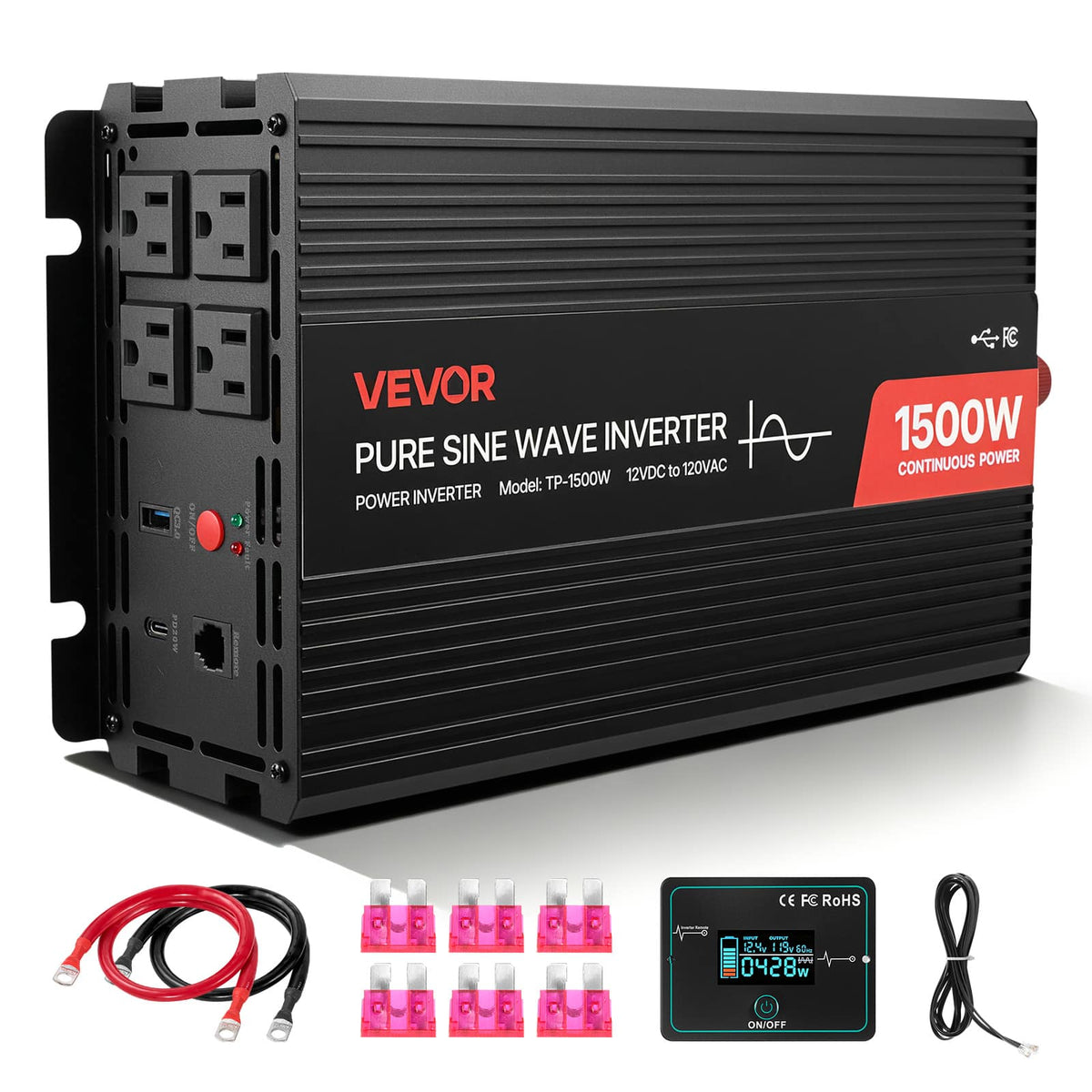 VEVOR - 1500W Power Inverter, 12V DC to 120V AC Pure Sine Wave Inverter, Car Charger Converter with Remote Control - Black