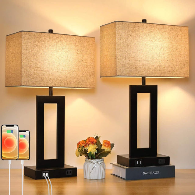 Front. Nordic Hygge - Set of 2 Touch Control Table Lamps with USB Ports Fabric Cream Shade - multicolor.