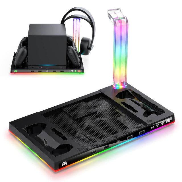 Front. Fosmon - For Steam Machine Cooling Station Steam Controller Charger Station Headphone Stand, RGB Steam Machine Charging Dock Fan - Black.